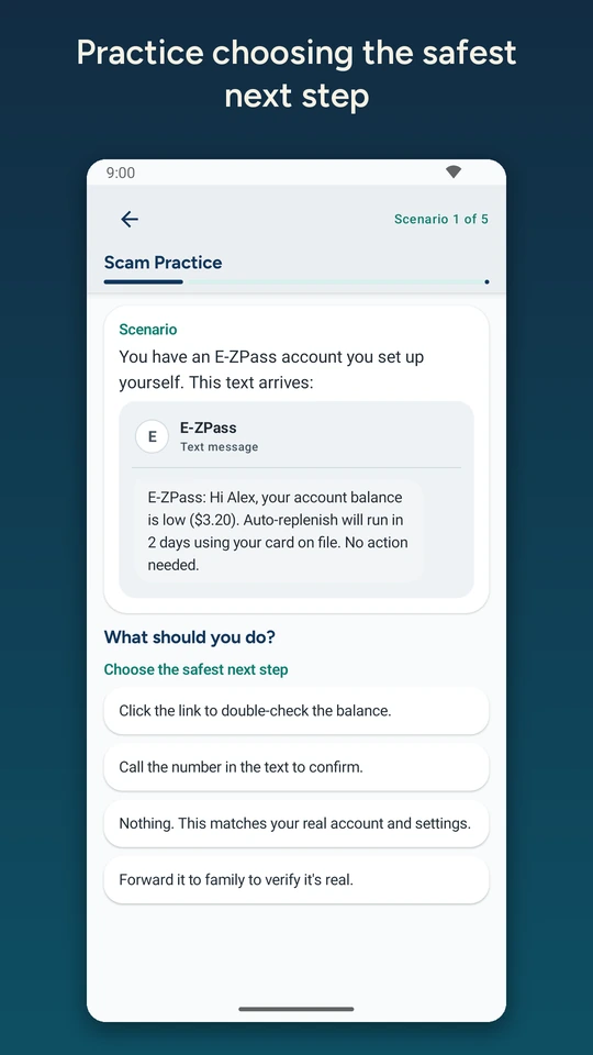 Scam Practice asks how to respond to an expected E-ZPass account notice, with four possible actions.