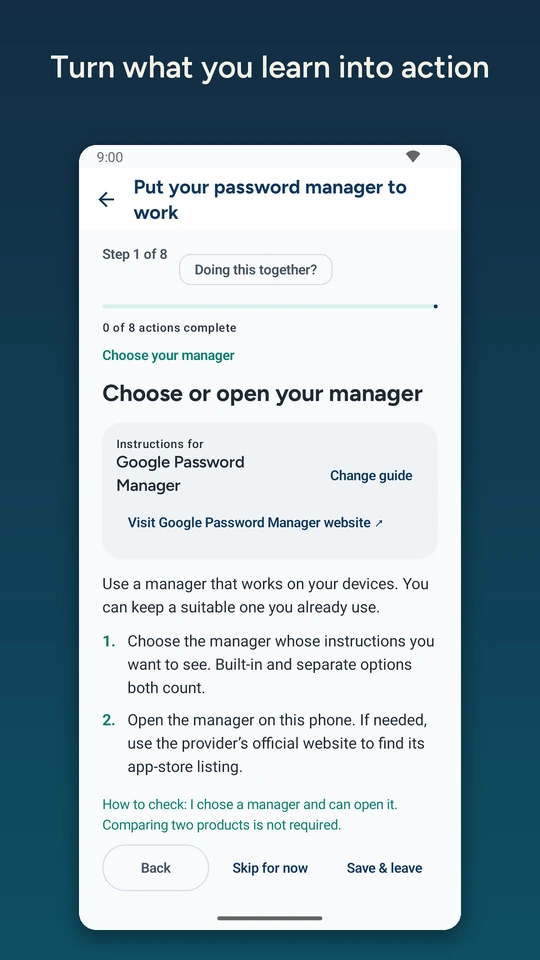 A password-manager Mission offers provider-specific instructions, an official website link and a way to check the result.