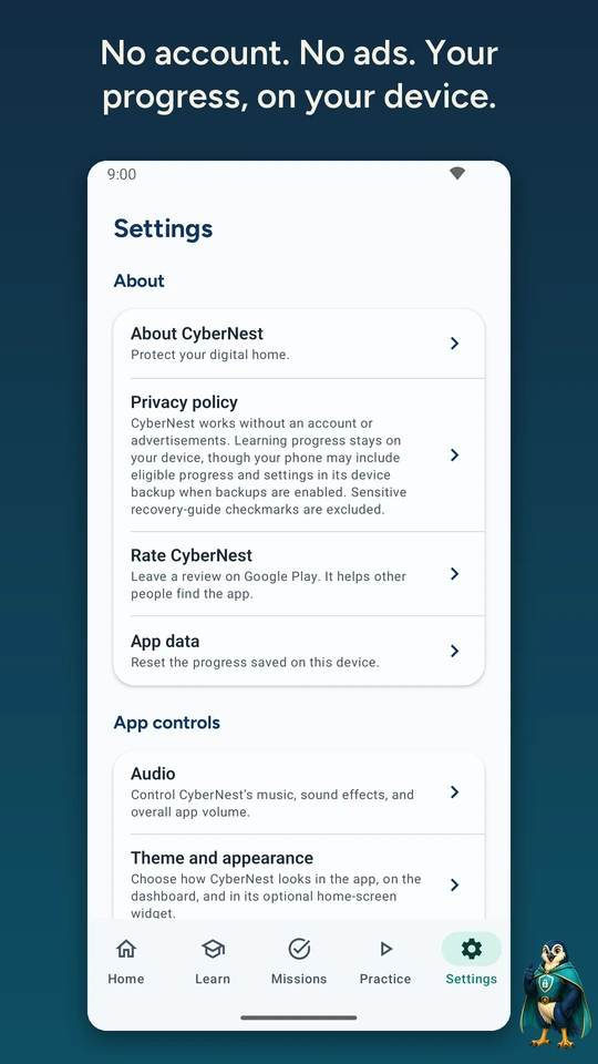 Settings explains that CyberNest needs no account or ads, and describes local progress and eligible device backups.